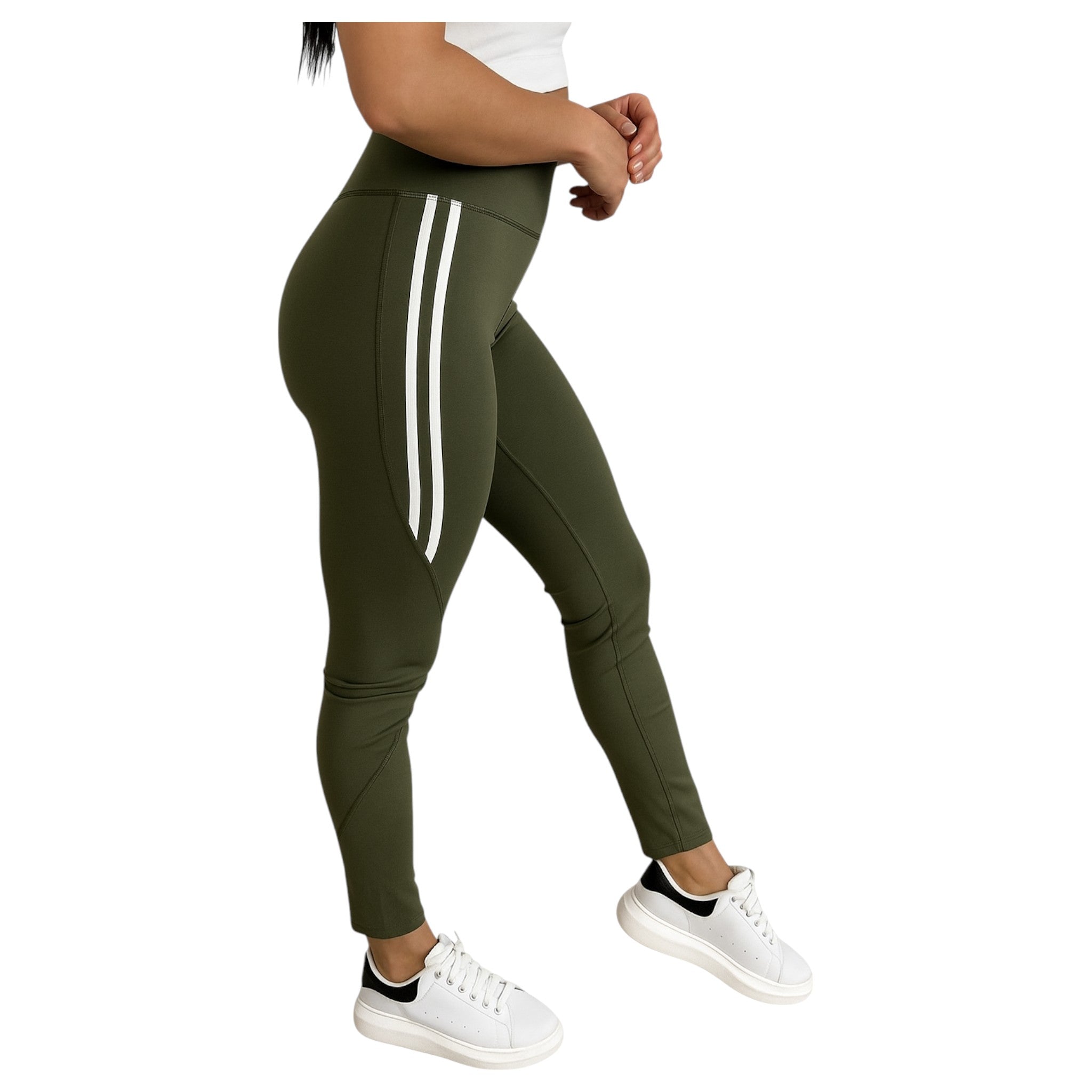 Ladies Khaki Green high-waisted gym leggings with white side stripes for women – stretchy activewear for fitness and casual wear.